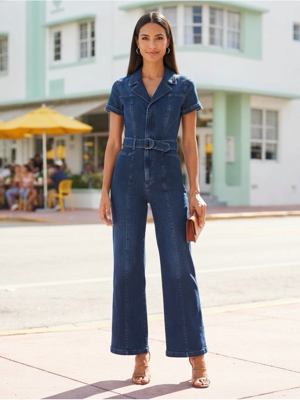 PAIGE NWT Anessa Denim Jumpsuit in Tavia with Belt and wide leg.